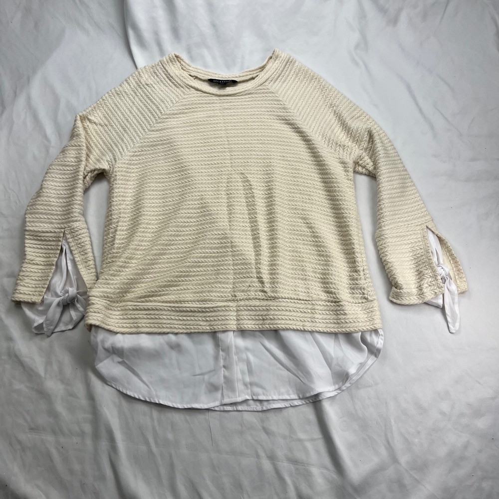 Zac & Rachel Mixed Media Layered Cable‎ Knit Tie Cuff Cream Blouse Sweater
